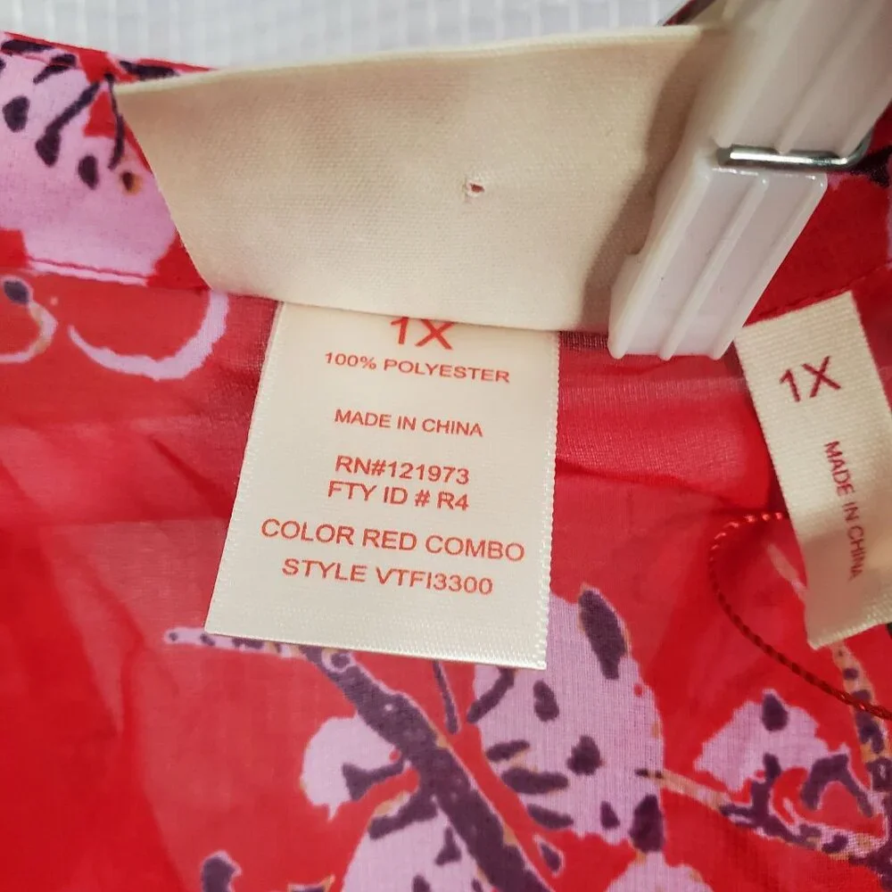 Vivienne Tam NWT Size 1X Blouse Semi Sheer Popover Cover-up Flutter Floral Red - Picture 5 of 12